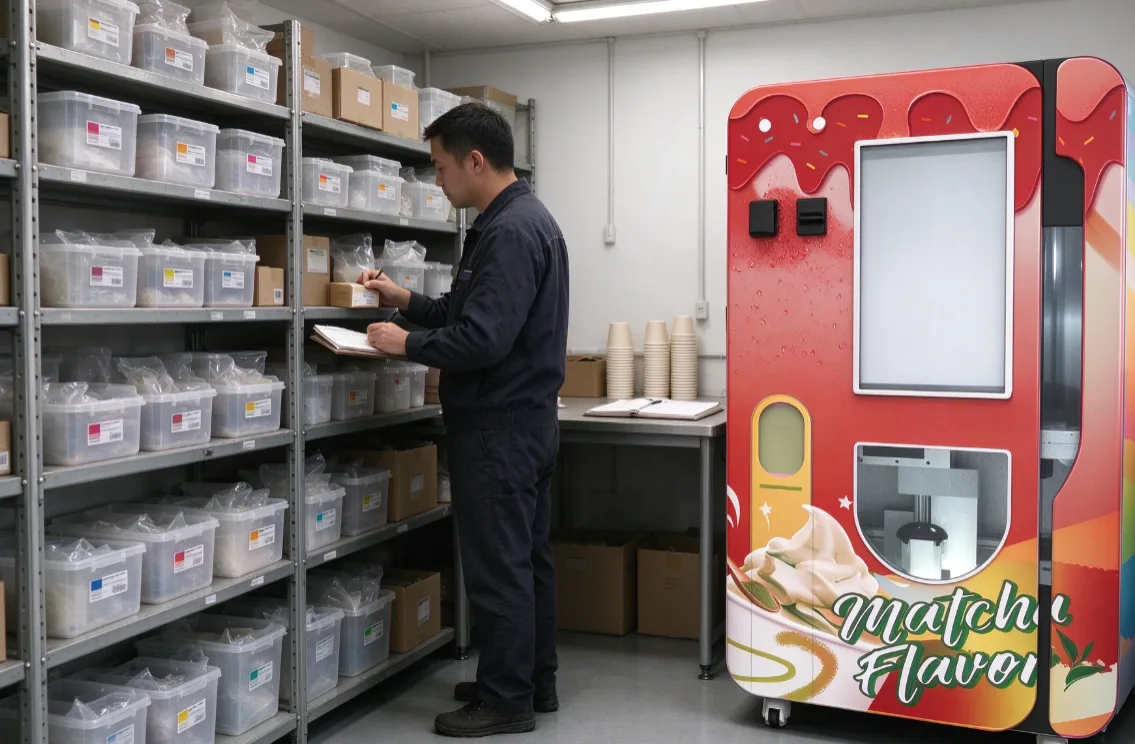 A technician logging labeled spare parts boxes on a storeroom shelf next to a Huaxin B84 ice cream vending machine